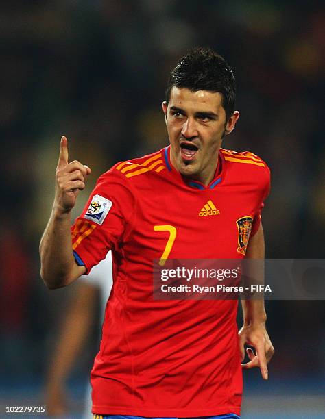 David Villa of Spain celebrates after scoring a goal during the 2010 FIFA World Cup South Africa Group H match between Spain and Honduras at Ellis...