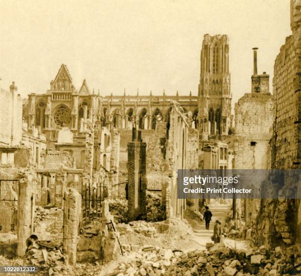 Reims Cathedral, Reims, northern France, circa 1914-circa 1918. Photograph from a series of glass plate stereoview images depicting scenes from World...