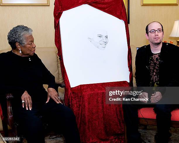 Dr. Maya Angelou and artist, David Ilan speak at the Special Recognition Event in support of The Michael Jackson Tribute Portrait at the home of Dr....