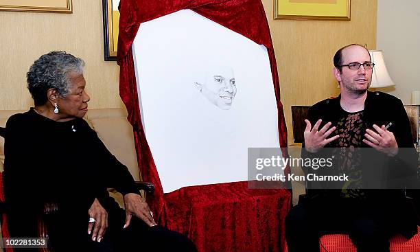 Dr. Maya Angelou and artist, David Ilan speak at the Special Recognition Event in support of The Michael Jackson Tribute Portrait at the home of Dr....