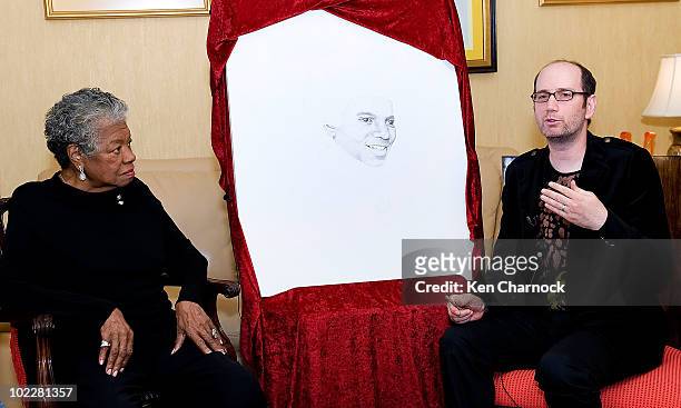 Dr. Maya Angelou and artist, David Ilan speak at the Special Recognition Event in support of The Michael Jackson Tribute Portrait at the home of Dr....