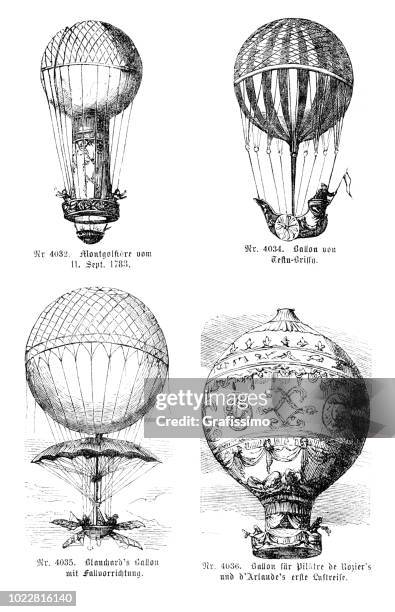hot air balloon with passenger navigating 1783 - joseph michel montgolfier stock illustrations