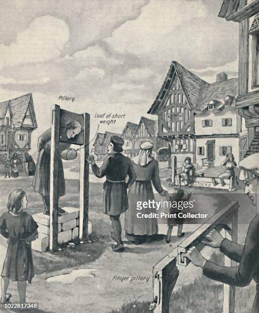 Pillory and Stocks of the Middle Ages', circa 1934. Illustration showing medieval punishment. The accompanying text explains that 'ridicule was...