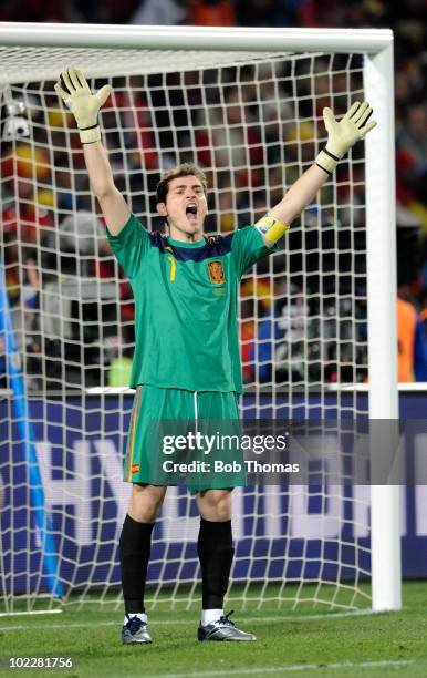 Goalkeeper Iker Casillas of Spain gestures during the 2010 FIFA World Cup South Africa Group H match between Spain and Honduras at Ellis Park Stadium...