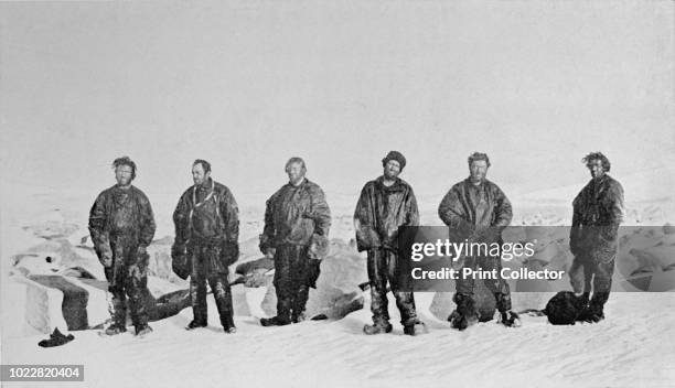 Group After Winter in Igloo' . Northern Party after winter in snow cave: Priestley, Levick, Dickason, Browning and Abbott, looking dirty and...