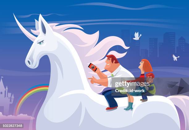 parents and son riding on unicorn - floating phone stock illustrations
