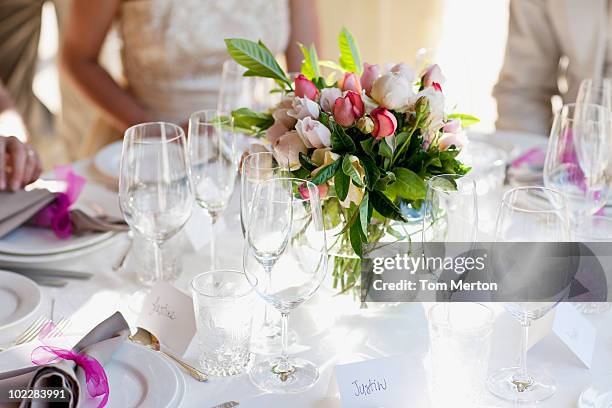 close up of centerpiece at wedding reception - wedding table setting bildbanksfoton och bilder