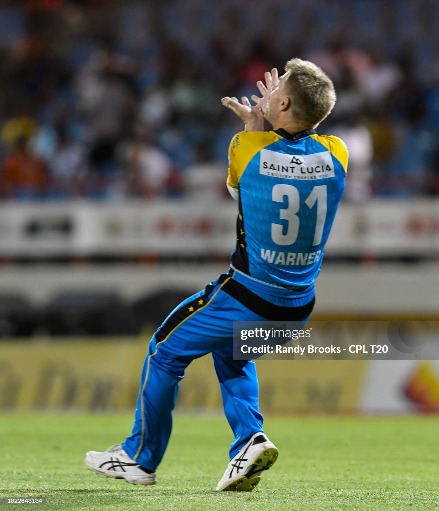 In this handout image provided by CPL T20, David Warner of St