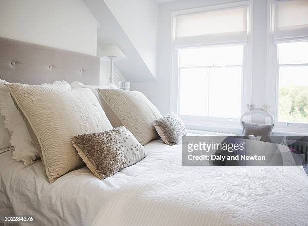 tranquil bedroom - bedding stock pictures, royalty-free photos & images