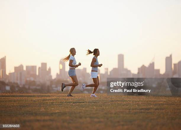 friends running through field - sydney cityscape bildbanksfoton och bilder