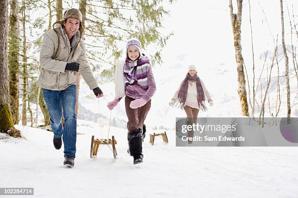 família puxando trenós através de neve - family walking sam edwards - fotografias e filmes do acervo