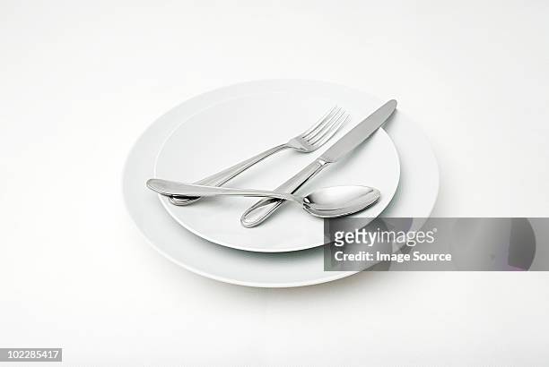 cutlery on plates - silverware photos et images de collection