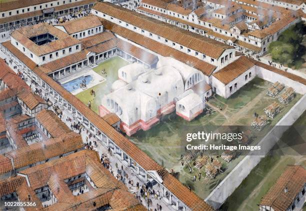 Baths, Wroxeter Roman City, Shropshire, 2nd century . Aerial view reconstuction drawing. Artist Ivan Lapper.