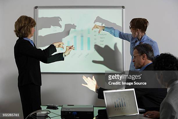 businesspeople doing shadow puppets in front of whiteboard - overheadprojektor stock-fotos und bilder