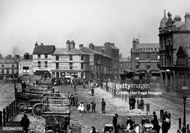 Smithfield Market, Birmingham, West Midlands, circa 1890s. A steam tram travels down Moat Row towards Smithfield Street. Moat Lane is to the left...