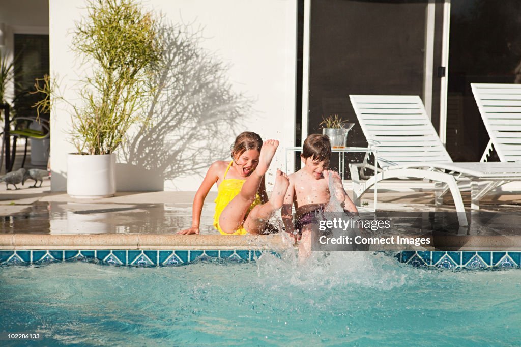 Family and outdoor swimming pool