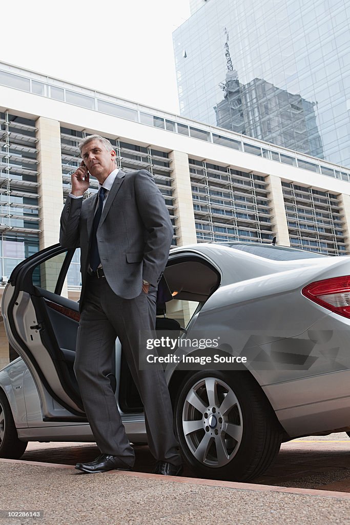 Businessman on cellphone by car