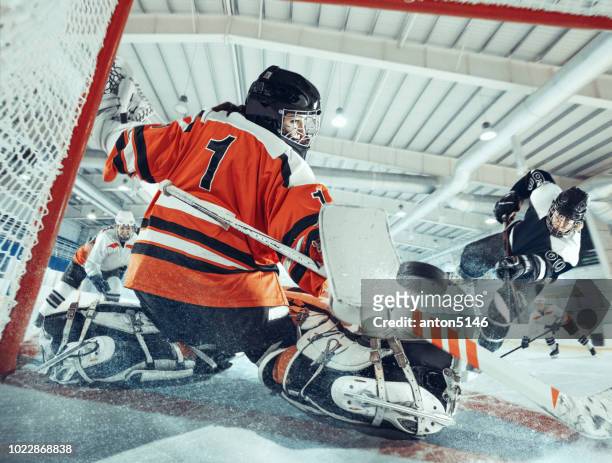 the ice hockey sport female players in action, motion, movement. sport comptetition concpet, girls on training or game at arena - rematar �� baliza imagens e fotografias de stock