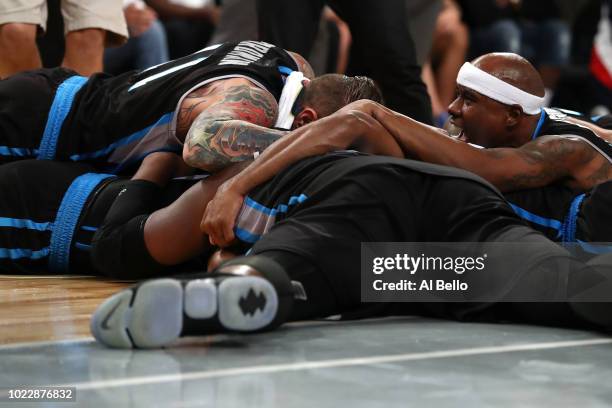 Cuttino Mobley of Power celebrates after the game winning basket to defeat 3's Company during the BIG3 Championship at the Barclays Center on August...