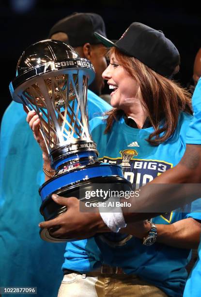 Head coach Nancy Lieberman of Power celebrates with the Julius Erving Championship Trophy after defeating 3's Company during the BIG3 Championship at...