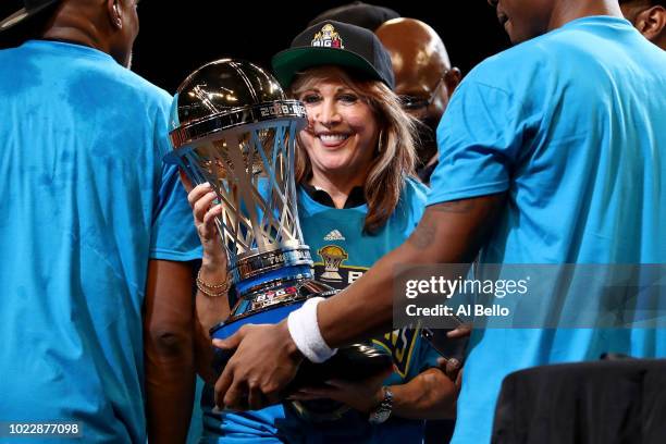 Head coach Nancy Lieberman of Power celebrates with the Julius Erving Championship Trophy after defeating 3's Company during the BIG3 Championship at...