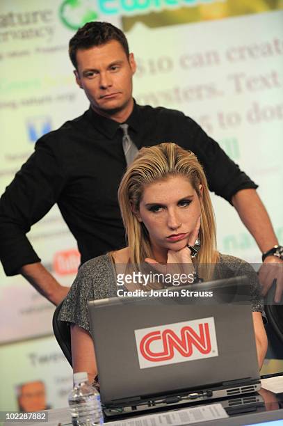 Personality Ryan Seacrest and singer Ke$ha take calls during Larry King Live: Disaster in the Gulf Telethon held at CNN LA on June 21, 2010 in Los...