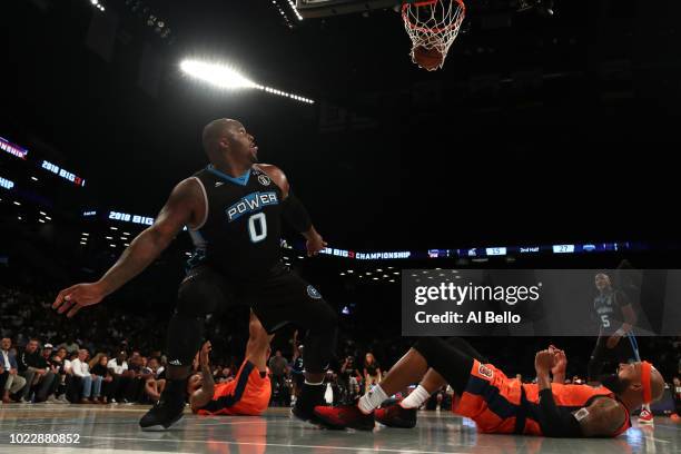 Glen Davis of Power reacts after a basket against Drew Gooden of 3's Company during the BIG3 Championship at the Barclays Center on August 24, 2018...