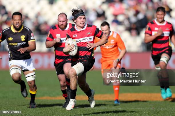 George Bridge of Canterbury makes a break during the round two Mitre 10 Cup match between Canterbury and Wellington at AMI Stadium on August 25, 2018...