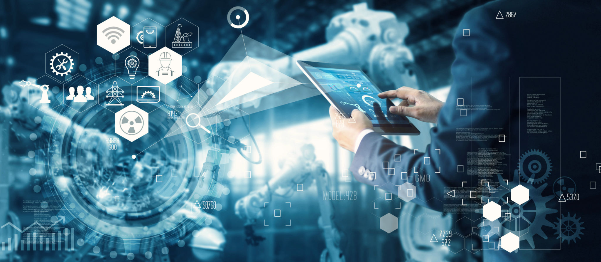 Manager Technician Industrial Engineer working and control robotics with monitoring system software and icon industry network connection on tablet. AI, Artificial Intelligence, Automation robot arm machine in smart factory on blue digital background, Inno Manager Technician Industrial Engineer working and control robotics with monitoring system software and icon industry network connection on tablet. AI, Artificial Intelligence, Automation robot arm machine in smart factory on blue digital background, Inno