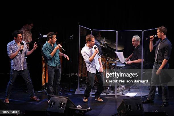 Actors Andrew Rannells, Preston Sadleir, Curtis Holbrook and Xavier Cano from the show "Give It Up" perform on stage at the 2010 New York Musical...