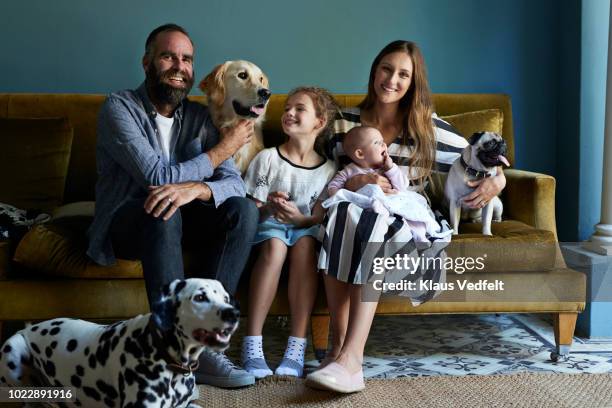 family sitting together in sofa with their dogs - young family foto e immagini stock