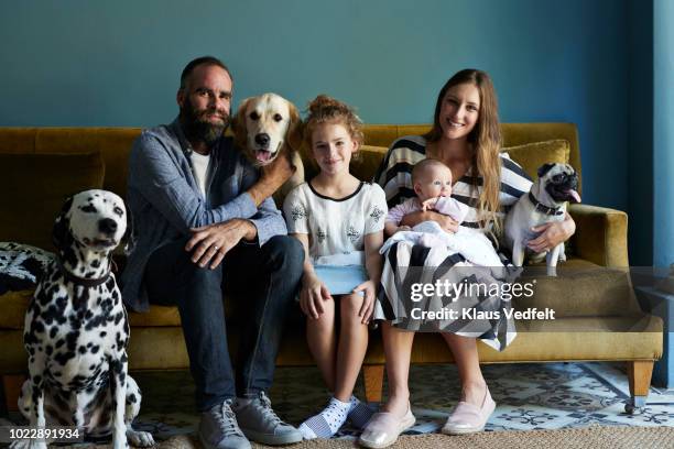 family sitting together in sofa with their dogs - adult baby women stockfoto's en -beelden