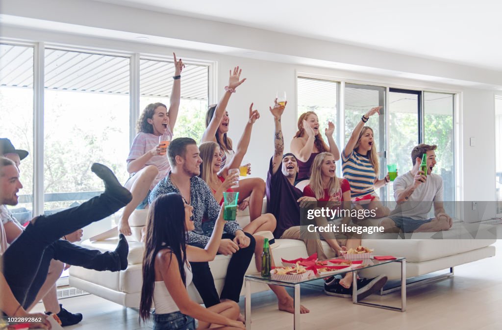 Group of Friends watching sport on TV