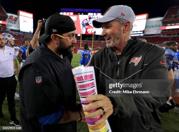 Head coach Matt Patricia of the Detroit Lions and head coach Dirk Koetter of the Tampa Bay Buccaneers shake hands following a preseason game at...