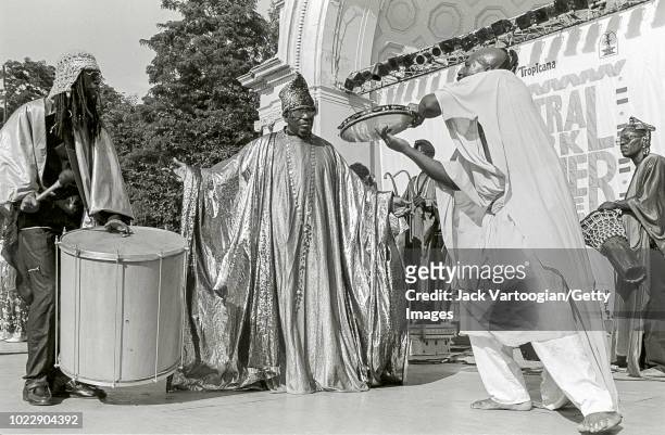 American avant-garde jazz musician Sun Ra leads his Arkestra at Central Park SummerStage at the Naumburg Bandshell, New York, New York, July 29,...