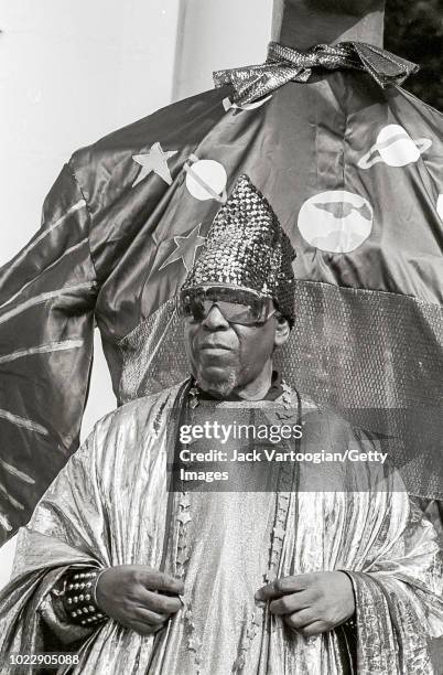 American avant-garde jazz musician Sun Ra leads his Arkestra at Central Park SummerStage at the Naumburg Bandshell, New York, New York, July 29, 1989.