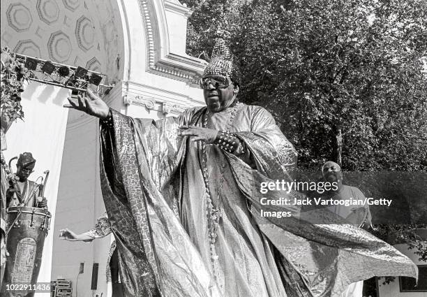American avant-garde jazz musician Sun Ra leads his Arkestra at Central Park SummerStage at the Naumburg Bandshell, New York, New York, July 29, 1989.