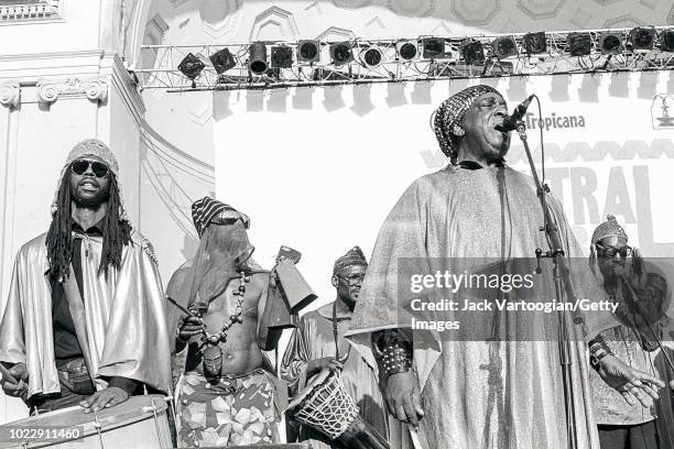 American avant-garde jazz musician Sun Ra leads his Arkestra at Central Park SummerStage at the Naumburg Bandshell, New York, New York, July 29, 1989.