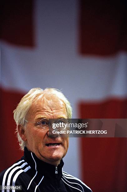 Denmark's coach Morten Olsen answers questions at a press conference before a training session at Loerie Park in Knysna on June 22, 2010 during the...