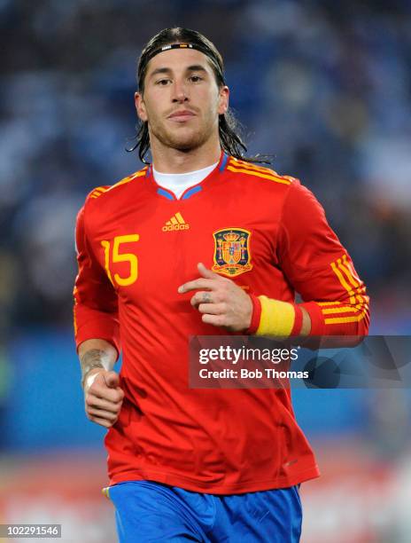 Sergio Ramos of Spain during the 2010 FIFA World Cup South Africa Group H match between Spain and Honduras at Ellis Park Stadium on June 21, 2010 in...