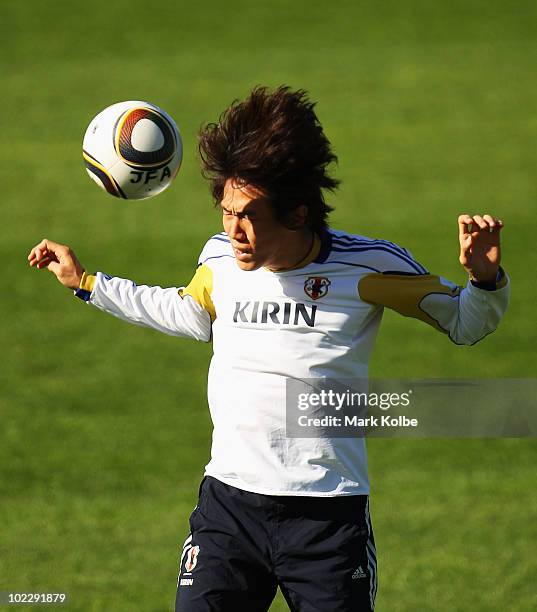 Kisho Yano heads the ball at a Japan training session during the FIFA 2010 World Cup at Outeniqua Stadium on June 22, 2010 in George, South Africa.