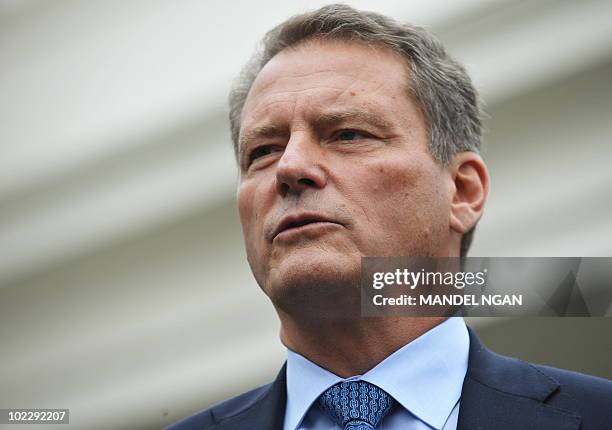 Chairman Carl-Henric Svanberg speaks to the press after a meeting with US President Barack Obama June 16, 2010 at the White House in Washington, DC....