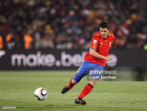 David Villa of Spain in action during the 2010 FIFA World Cup South Africa Group H match between Spain and Honduras at Ellis Park Stadium on June 21,...