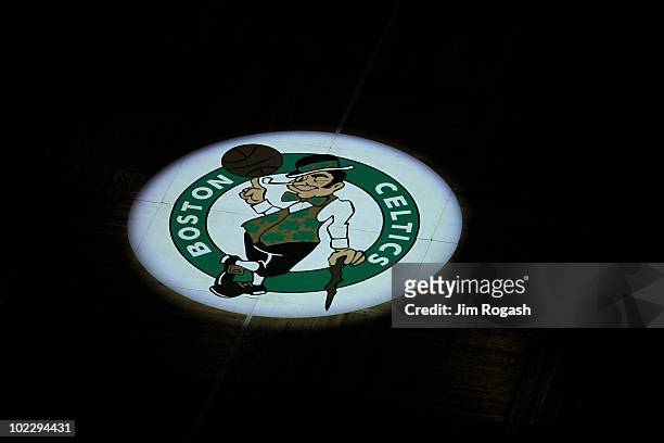 Detail of the Boston Celtics logo as the Celtics get set to play against the Los Angeles Lakers during Game Four of the 2010 NBA Finals on June 10,...