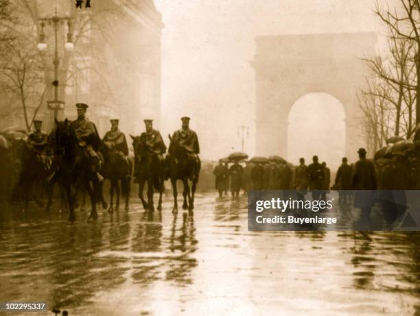 Parade firemen riding horseback lead a trade union procession in honor of the victims of the Triangle Shirtwaist Factory fire, one of the worst...