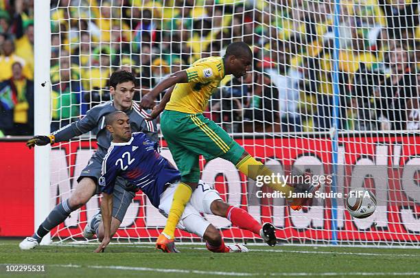 Katlego Mphela of South Africa scores during the 2010 FIFA World Cup South Africa Group A match between France and South Africa at the Free State...