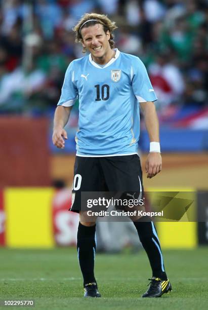 Diego Forlan of Uruguay looks on during the 2010 FIFA World Cup South Africa Group A match between Mexico and Uruguay at the Royal Bafokeng Stadium...