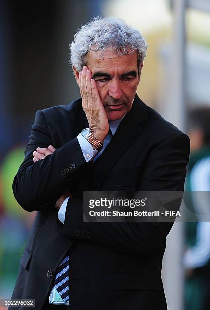 Raymond Domenech head coach of France reacts during the 2010 FIFA World Cup South Africa Group A match between France and South Africa at the Free...