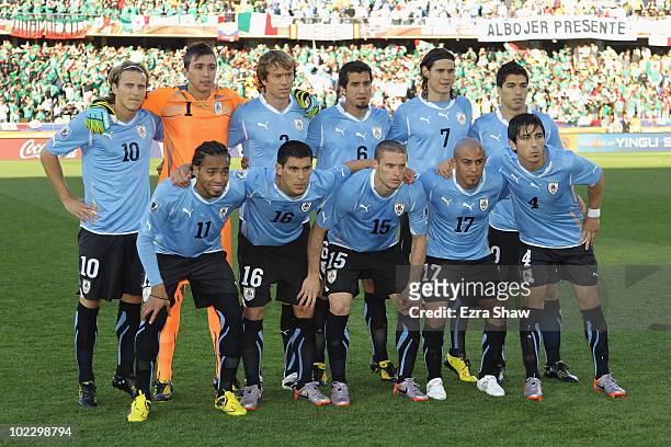The Uruguay team line up ahead of the 2010 FIFA World Cup South Africa Group A match between Mexico and Uruguay at the Royal Bafokeng Stadium on June...