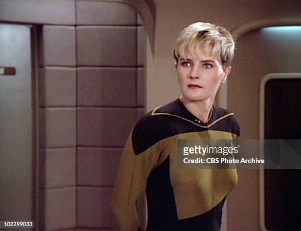 American actress Denise Crosby in a scene from an episode of the television series 'Star Trek: The Next Generation' entitled 'Datalore,' California,...
